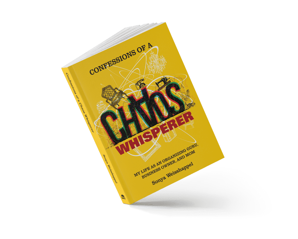 a book mockup of Chaos Whisperer: My life as an organizing guru, business owner, and mom, by Sonya Weisshappel.
