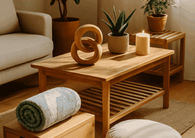 A cozy living room corner designed for ultimate Feng Shui, featuring a wooden coffee table, potted plants, a candle, decorative objects, a pouf, a storage box with a rolled blanket, and sunlight filtering through curtains.