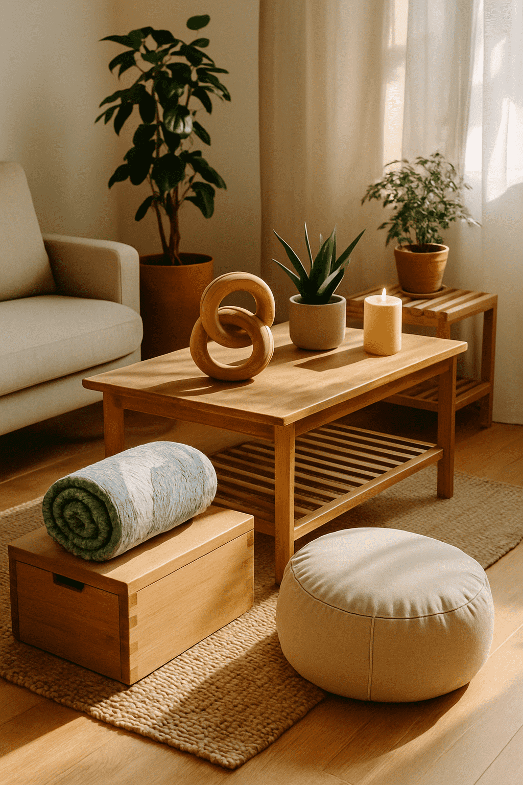 A cozy living room corner designed for ultimate Feng Shui, featuring a wooden coffee table, potted plants, a candle, decorative objects, a pouf, a storage box with a rolled blanket, and sunlight filtering through curtains.