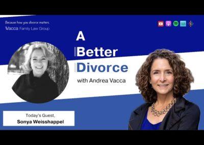 Podcast promotional image for A Better Divorce with Andrea Vacca. Features photos of Andrea Vacca and guest Sonya Weisshappel, with logos for YouTube, Apple Podcasts, Spotify, and Google Podcasts.