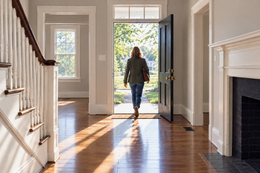 a woman walking out the front door of her home into a new life