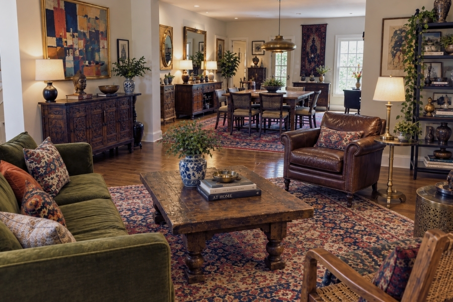a living and dining room with lots of furniture and home decor