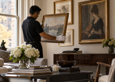 A professional wearing white gloves carefully handles a framed painting in an elegant Manhattan living room, surrounded by a curated collection of framed artwork.